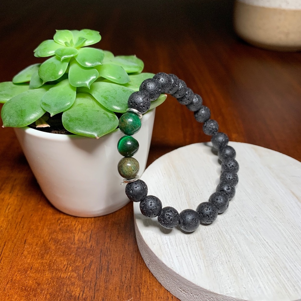 Green Tiger’s Eye Stone and Natural Lava Rock Diffuser Bracelet